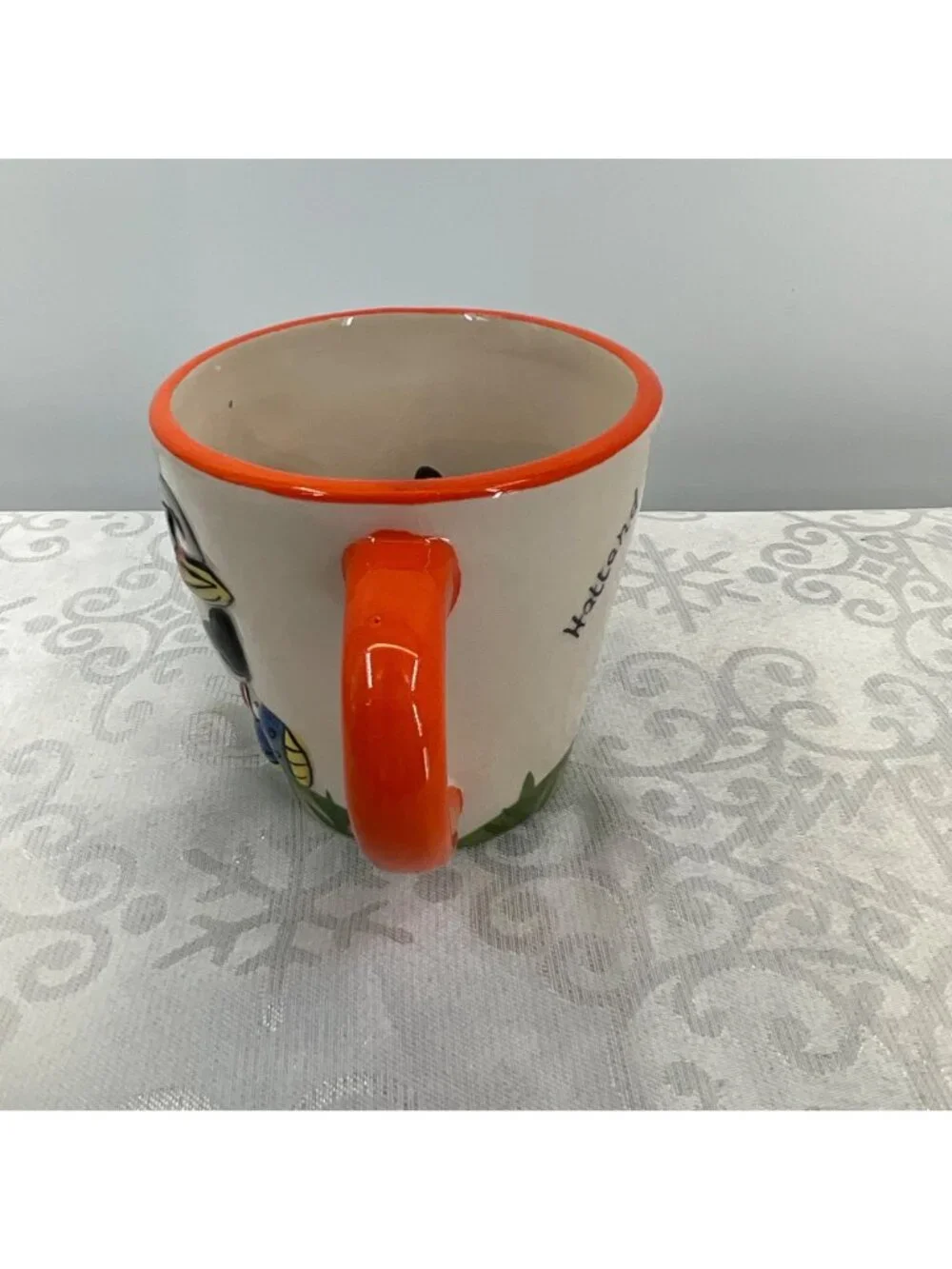 Hand painted Ceramic Cow Mug Holland Peek a Boo Mug Windmill Design Orange Rim &